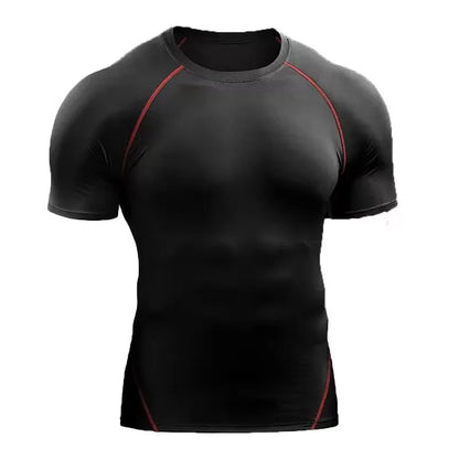 Camiseta de compresión para entrenar en color negro con detalles rojos, diseñada para mejorar el rendimiento deportivo.